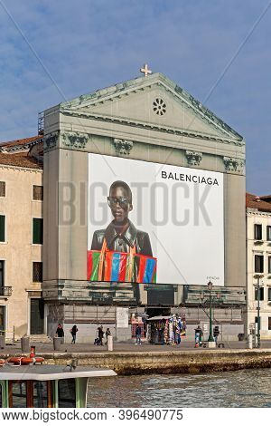 Venice, Italy - January 9, 2017: Fashion Billboard Balenciaga At Church Front In Venice, Italy.