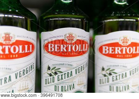Tyumen, Russia-october 11, 2020: Bottles Of Extra Virgin Olive Oil From The Italian Food Brand Berto