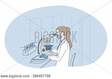 X-ray In Medicine And Laboratory Research Concept. Woman Doctor Lab Worker In Medical Uniform Sittin