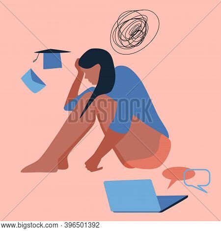 Young Woman Sits On The Floor, Clutching Her Head. Professional Burnout, Dismissal, Failure Of Exams