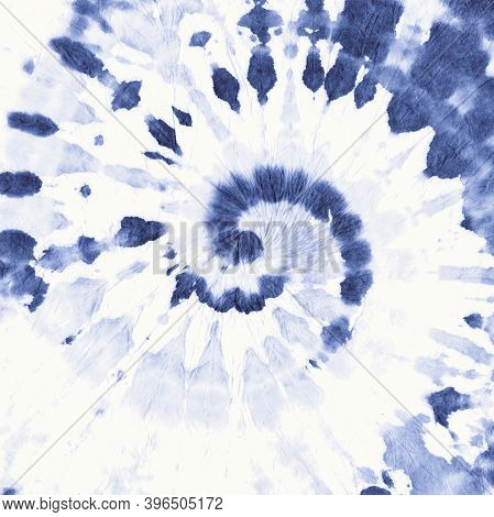 White Indigo Tye Die. Grunge Spiral. Blue Swirl Background. Fabric Vintage Design. Blue Hippie Textu