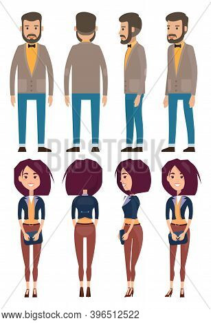 Stylish Businessmen. Set Of Man And Wooman Characters Front, Side, Back View. Bearded Man In A Shirt