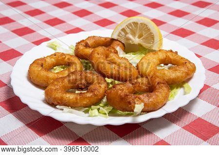 Typical Spanish Tapas. Fried Squid Rings Ration. Racion De Calamares Fritos