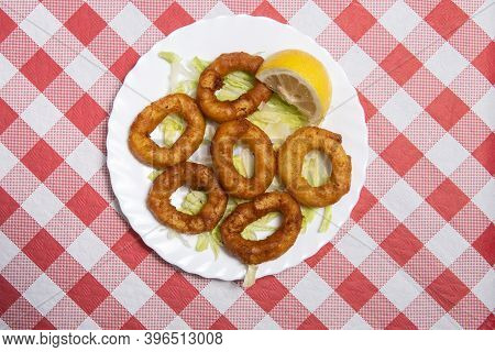 Typical Spanish Tapas. Fried Squid Rings Ration. Racion De Calamares Fritos