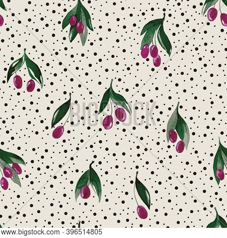Seamless pattern with branches and berries. Watercolor handmade illustrations.
