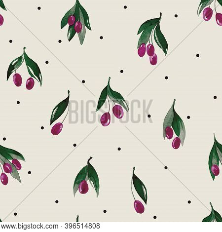 Seamless pattern with branches and berries. Watercolor handmade illustrations.
