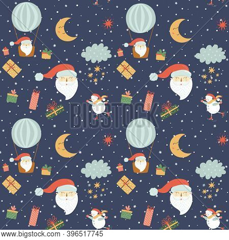 Santa Balloons Flying Santa Laus Pattern. Cute Dark Christmas Background. Santa Claus In Air Balloon