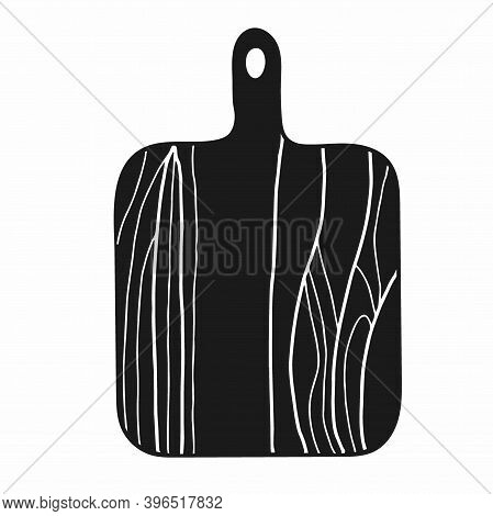 Cutting Board Silhouette. Hand Drawn Board, Vintage Kitchen Wooden Board, Black Object Sketch Style 