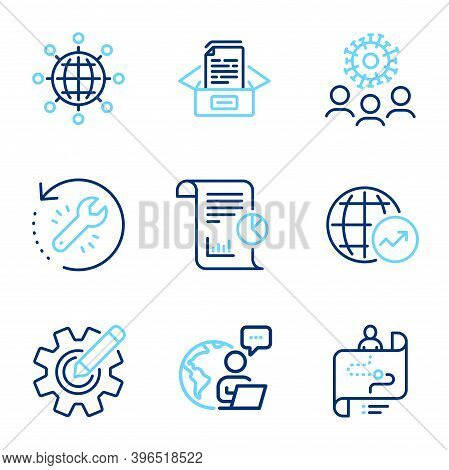 Science Icons Set. Included Icon As Recovery Tool, Documents Box, International Globe Signs. World S