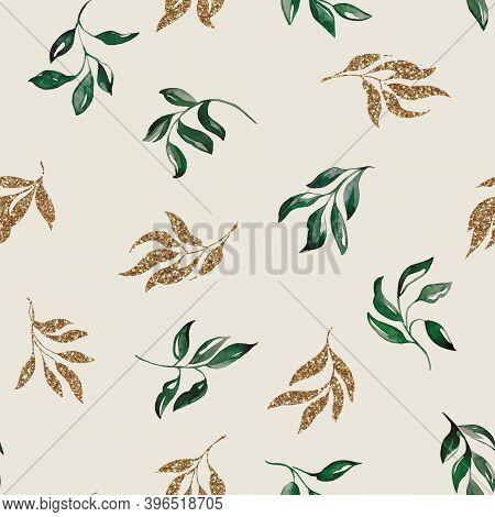 Seamless pattern with green and gold branches. Watercolor handmade illustrations.