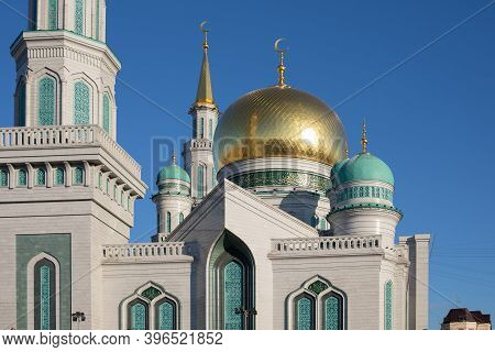 Domes Moscow Cathedral Mosque, White Marble And Blue Trim. The Largest Mosque In Russia