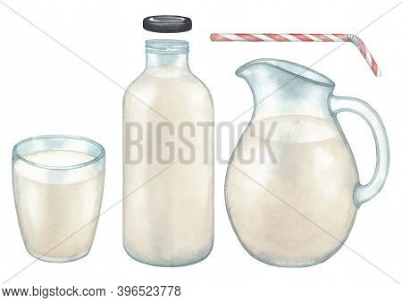Watercolor Collection Of The Plant Based Milk In The Glass, Jug And Bottle