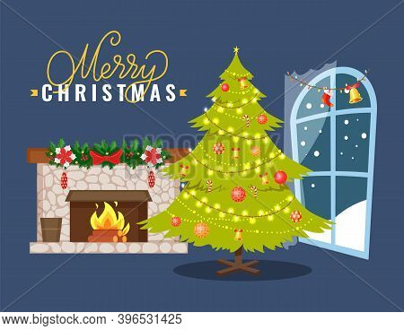 Stone Fireplace Decorated Spruce Branch, Candy Cane And Pine Cone. Fir-tree Adorned Garlands And Chr