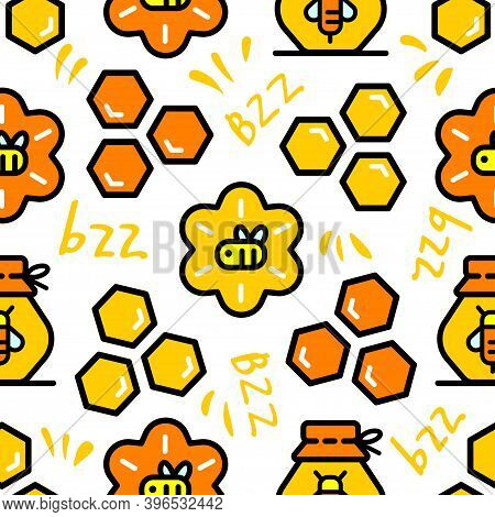 Vector Seamless Pattern With Bees, Propolis And Honeycombs