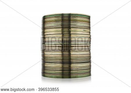 Stack Of Cd Or Dvd Disk Isolated On White Background. Set Collection Pile Of Discs. Heap Of Data, In