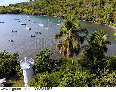 Guadeloupe Beach Drone Sunset View. Harbor Bay Aerial View In Marigot.