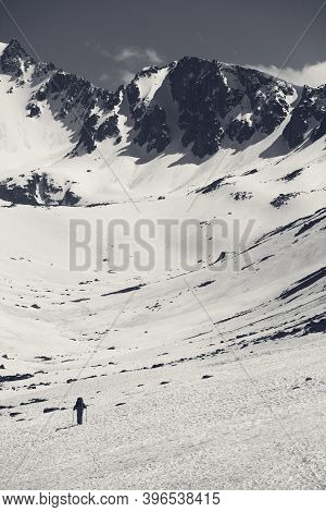 Hiker In High Snowy Mountains At Nice Spring Day. Turkey, Kachkar Mountains, Highest Part Of Pontic 