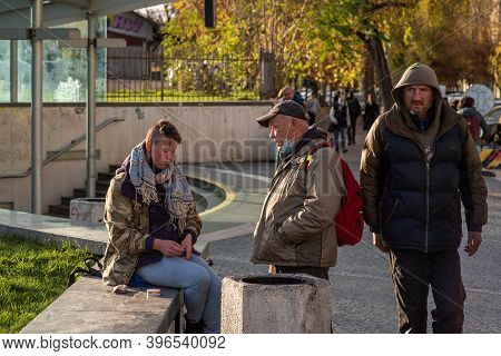 11-23-2020. Prague, Czech Republic. People Walking And Talking Outside During Coronavirus (covid-19)