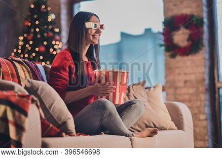 Photo Of Young Smiling Cheerful Happy Good Mood Woman Sit Sofa Eat Popcorn Watch 3-d Movie In 3d Gla