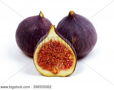 Fig Isolated On White Backraund. Fresh Whole And Sliced Fig.