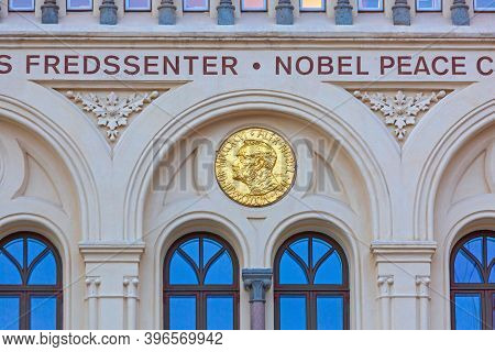 Oslo, Norway - October 30, 2016: Alfred Nobel Piece Center Gold Medal At Building In Oslo, Norway.