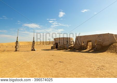 Ong Jemel, Tunisia - 28 October, 2019: Landscape Of The Desert Planet Tatooine. Scenery For The Shoo