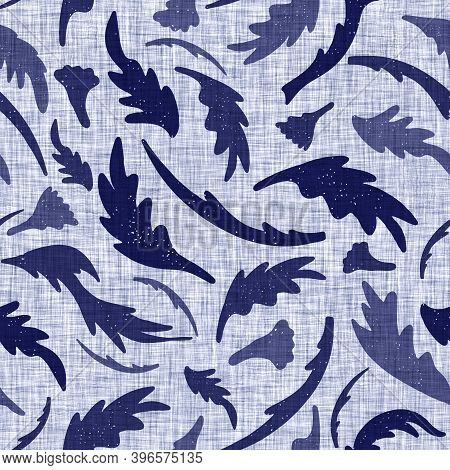 Indigo Blue Leaf Block Print Dyed Linen Texture Background. Seamless Woven Japanese Repeat Batik Pat