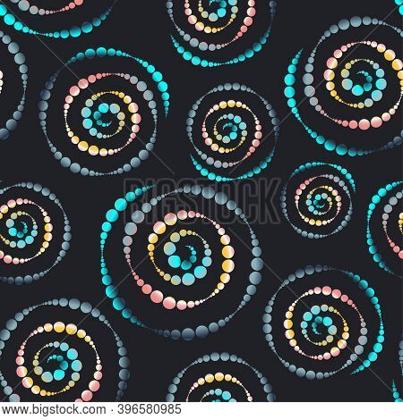 Geometric Kaleidoscope Seamless Pattern. Multi-colored Spiral Shapes From Peas Of Different Sizes On