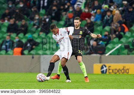 Krasnodar, Russia - November 24, 2020: Marcus Berg Of Fc Krasnodar Battle For The Ball With Fernando