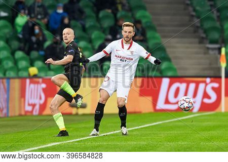 Krasnodar, Russia - November 24, 2020: Igor Smolnikov Of Fc Krasnodar Battle For The Ball With Ivan 