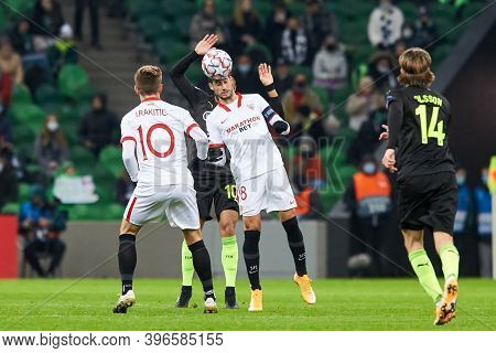 Krasnodar, Russia - November 24, 2020: Sergio Escudero Of Sevilla Fc Battle For The Ball During The 