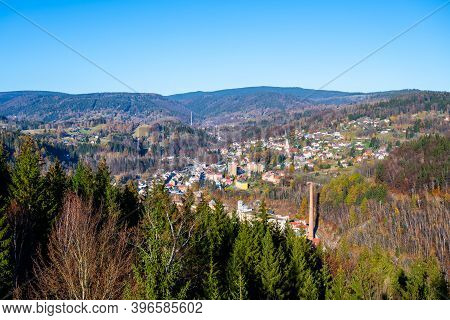 Aerial View Of Tanvald From Terezinka Lookout Point. Autumn Sunny Day. Jizera Mountains, Northern Bo