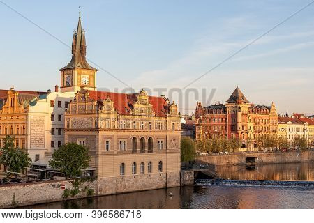 Prague, Czech Republic - April 16, 2020: Novotneho Lavka In The Old Town And The Vltava River
