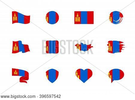 Mongolia Flag - Flat Collection. Flags Of Different Shaped Twelve Flat Icons.