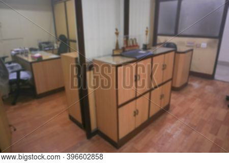 Blurred Image Of An Office Space After Sanitization Spray Used, Sanitizing Smoke Filled The Air. San