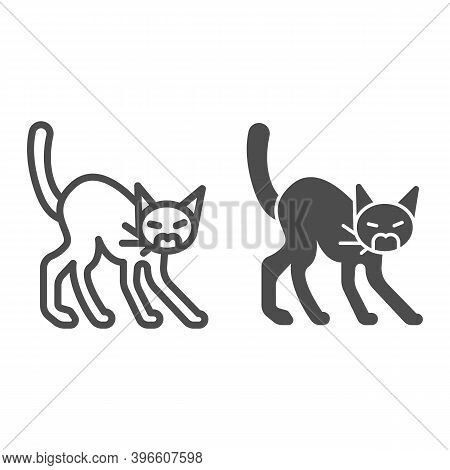 Angry Black Cat Line And Solid Icon, Halloween Concept, Hissing Cat Sign On White Background, Scared