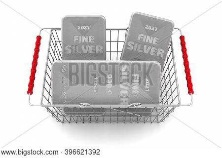 Buying Silver Ingots. Three Ingots Of 999.9 Fine Silver Lie In A Grocery Basket. 3d Illustration