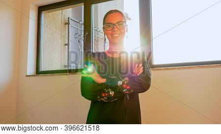 Portrait Of Woman With Glasses In Modern Office Workspace Looking On Camera Smiling. Entrepreneur, L