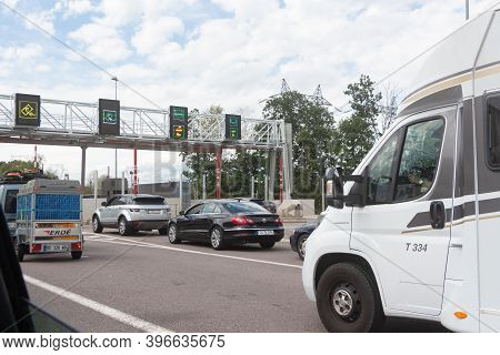 Reims - France, August 18, 2019 : Cars And Campers Waiting At The Tollbooth