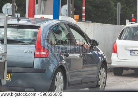 Reims - France, August 18, 2019 : Cars Waiting To Pay At The Tollbooth
