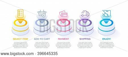 Concept Of Shopping Process With 5 Successive Steps. Five Colorful Graphic Elements. Timeline Design