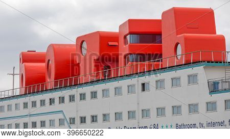 Amsterdam, Netherlands - May 18, 2018: Big Red Sign Botel At Floating Hotel In Amsterdam, Holland.