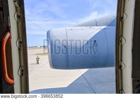 Moscow Regional. Airport Chkalovsky, 12 August, 2018: Opened Door Of Cargo Aircraft With View On Eng