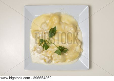 Fagottini Pasta With Cheese Sauce. Italian Food.