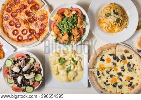 Set Of Italian Food, Pizzas, Salads, Pasta. Top View