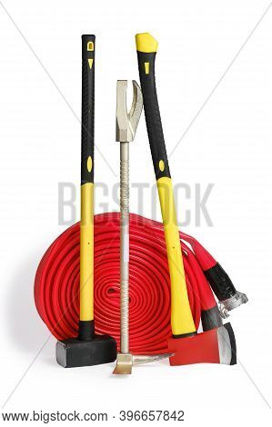 Large Yellow Sledgehammer, Axe, Hooligan Pinch-bar And Fire Hose From Firemans Toolbox Isolated On W