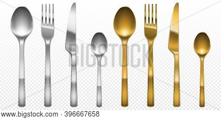 3d Cutlery Of Golden And Silver Color Fork, Knife And Spoon Set. Silverware And Gold Utensil, Cateri