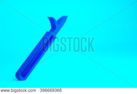 Blue Metal Pike Pole With Wooden Handle Icon Isolated On Blue Background. Spear, Pickaxe, Hook Hand 