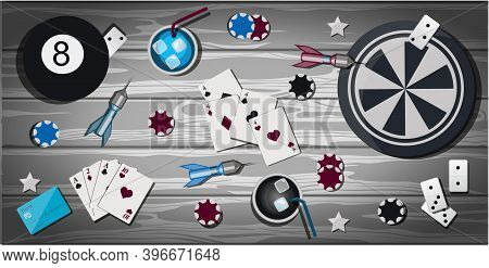 Top View Of A Wooden Table With Items For Gambling And Sports Games. Table With Items For Playing Da