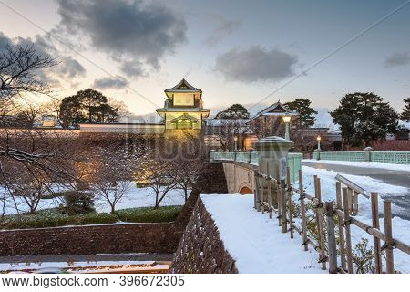 Kanazawa, Japan at Kanazawa Castle on a winter dusk.